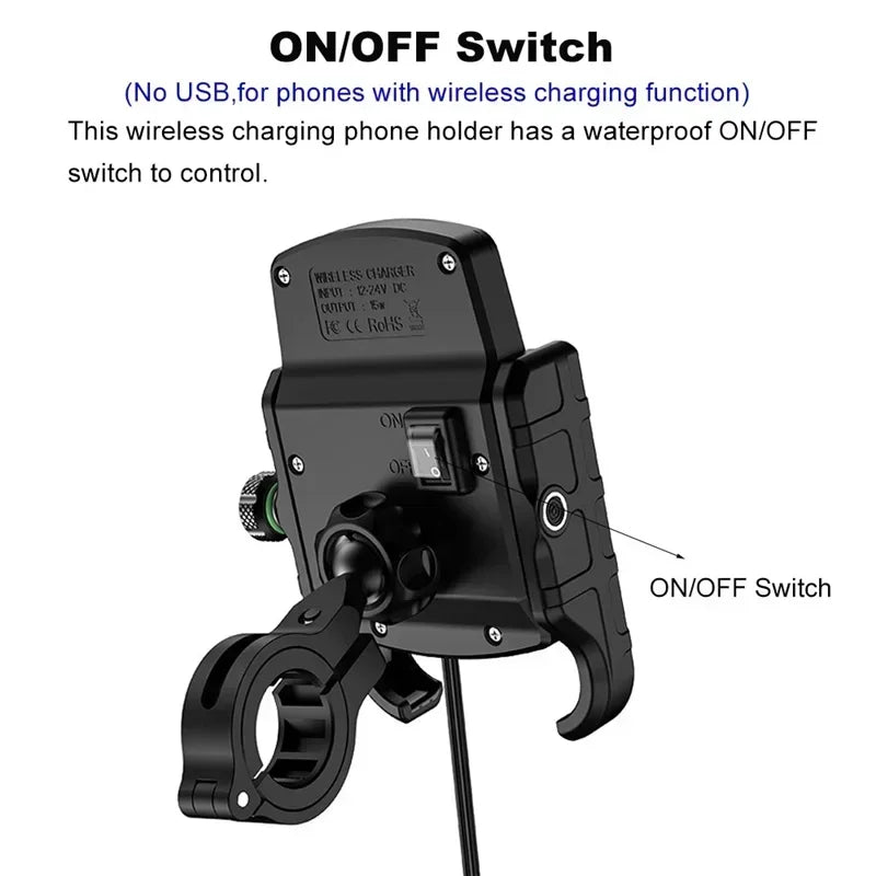 Motorcycle Phone Holder Moto Motorbike Mirror Mobile Handlebar Stand Support USB Charger Fast Wireless Charging Cellphone Mount