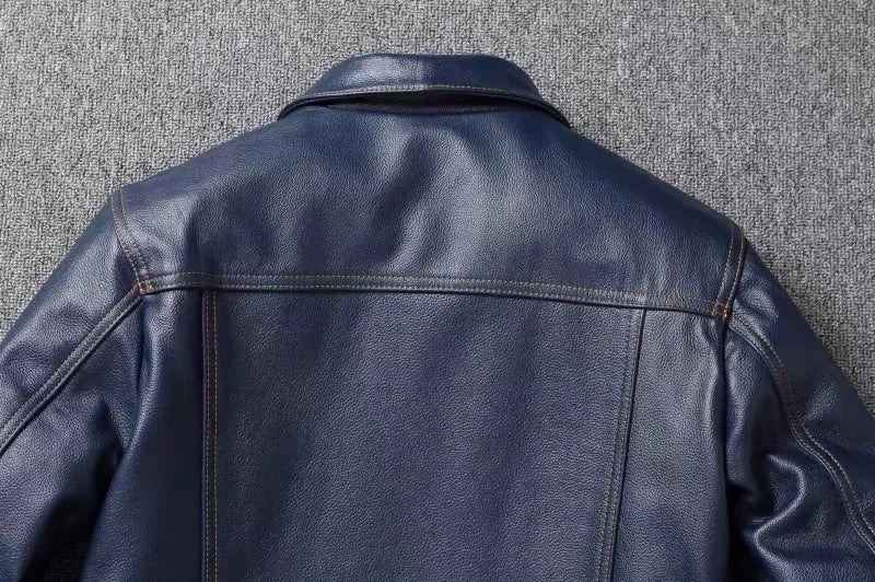 2023 New Leather Jacket Men's Single-Breasted Denim Blue Retro Old Motorcycle Leather Jacket Slim-Fit Lapel Coat