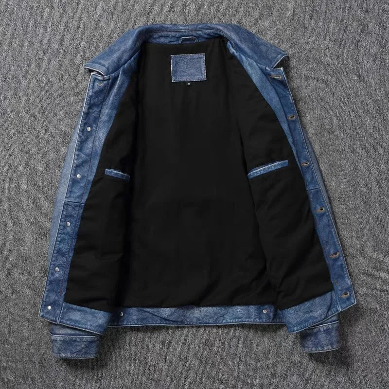 2023 New Leather Jacket Men's Single-Breasted Denim Blue Retro Old Motorcycle Leather Jacket Slim-Fit Lapel Coat