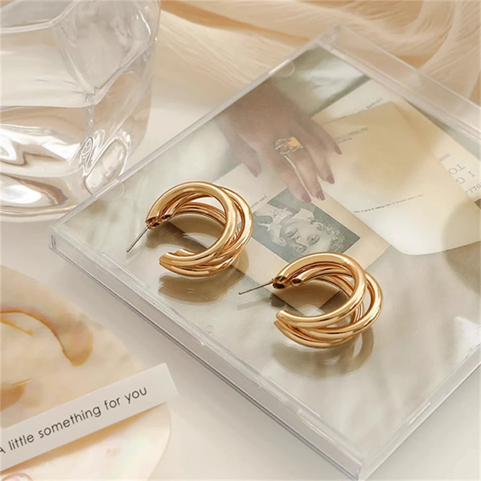 UILZ Gold Silver Color Hoop Earrings For Women Korean Fashion Three-layer Hoops Big Thick Round Earrings Piercing Jewelry Gifts