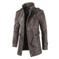 Leather Coat Men Stand-up Collar Autumn Winter New Men Mid-Length Casual Fashion Slim Fit Solid Color Leather Jacket