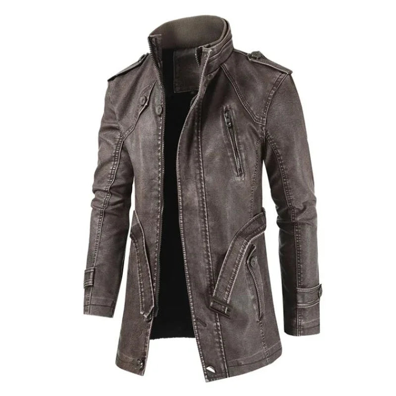 Leather Coat Men Stand-up Collar Autumn Winter New Men Mid-Length Casual Fashion Slim Fit Solid Color Leather Jacket