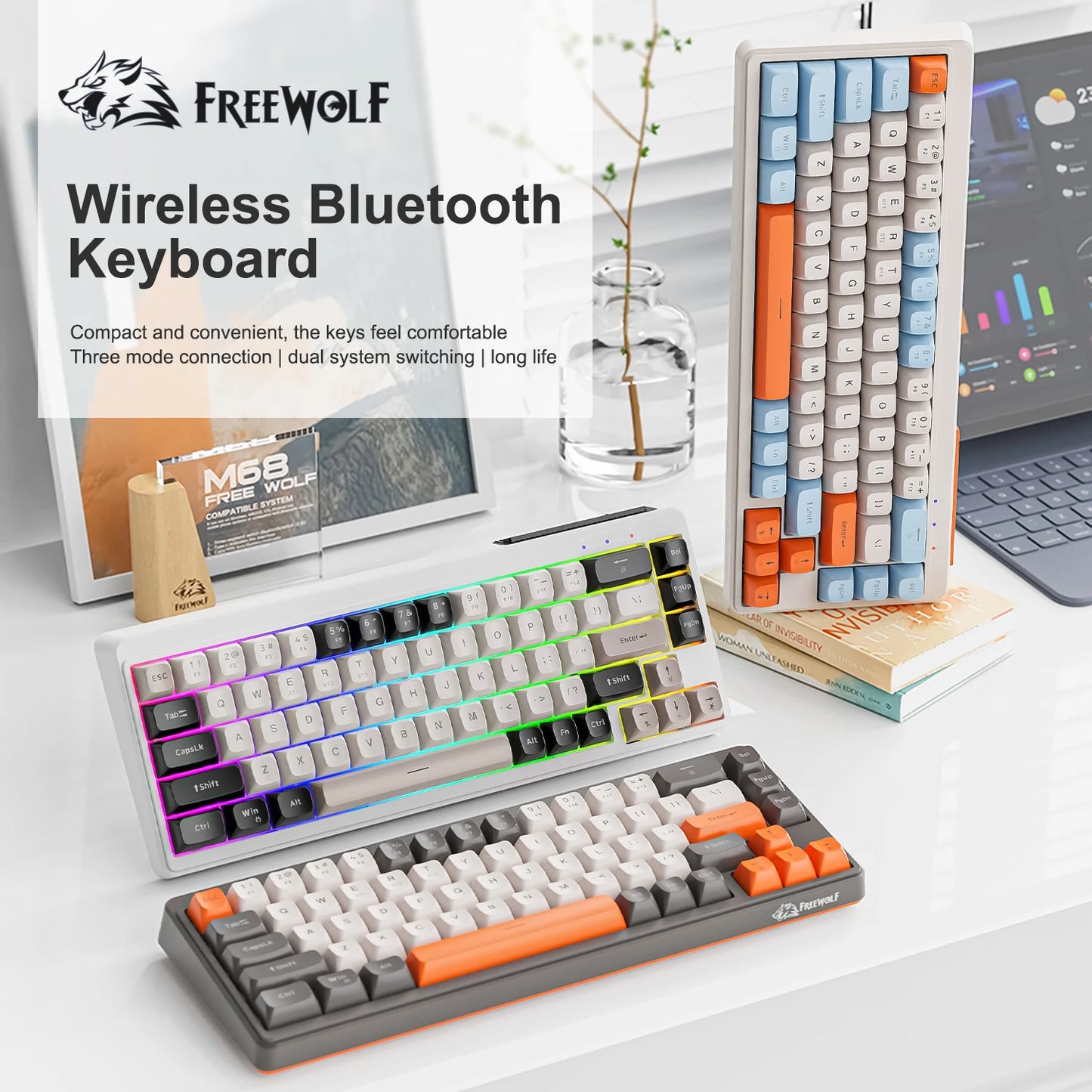 FREEWOLF M68 Wireless Keyboard and Mouse Set Multidevice Connection 68 Keys Mini Keyboard and A3 Mouse Kit PBT keycaps Backlight