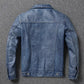 2023 New Leather Jacket Men's Single-Breasted Denim Blue Retro Old Motorcycle Leather Jacket Slim-Fit Lapel Coat