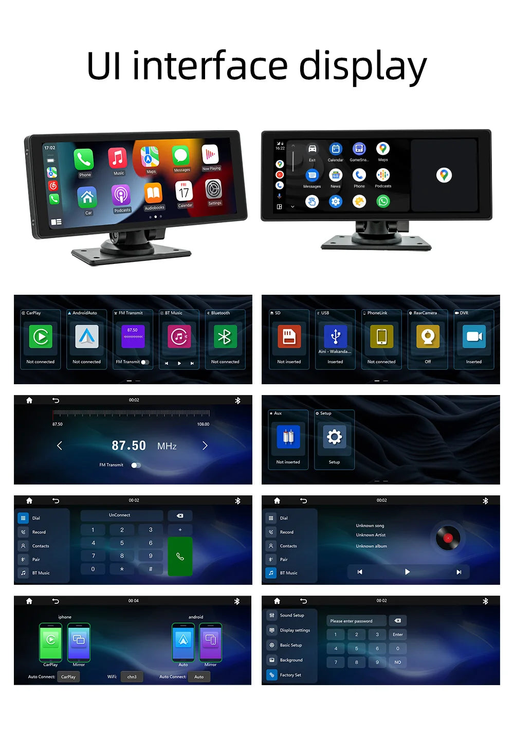 BQCC 10.26 Inch Portable Wireless Carplay Screen HD Rear Reversing Camera Car Radio DVR MP5 Multimedia Video Player Android Auto