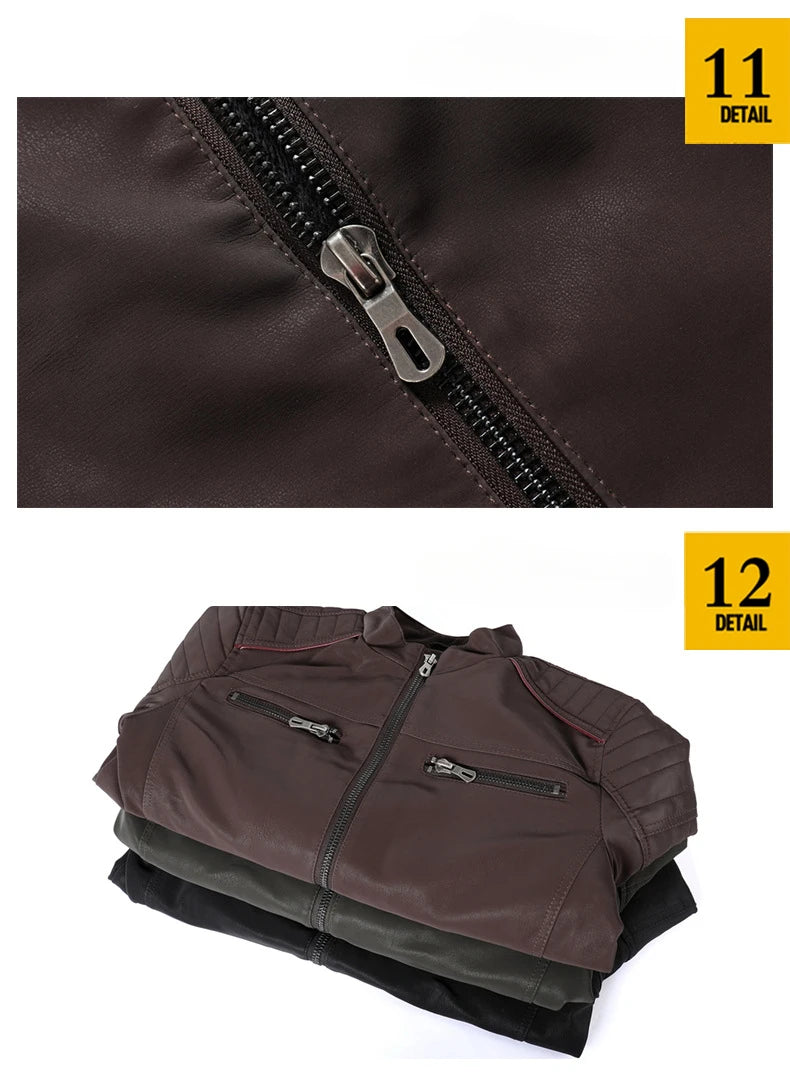 2024 New Men's Leather Washed Leather Jacket Motorcycle Plus Fleece Splicing European and American Men's Leather Coat