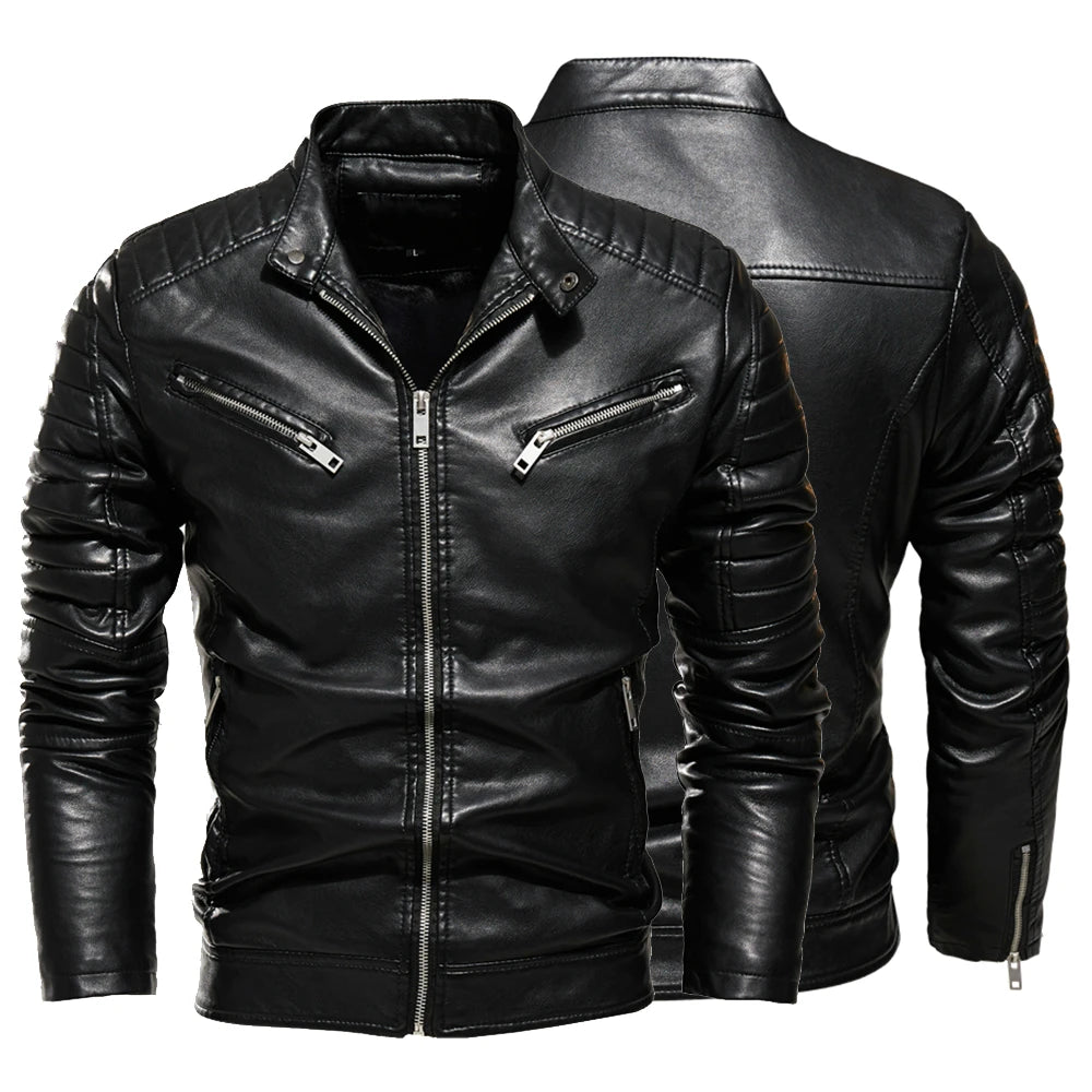 Men Fur Lined Warm Motorcycle Jacket Slim Street Fashion BLack Biker Coat Pleated Design Zipper 2024 Winter Black Leather Jacket