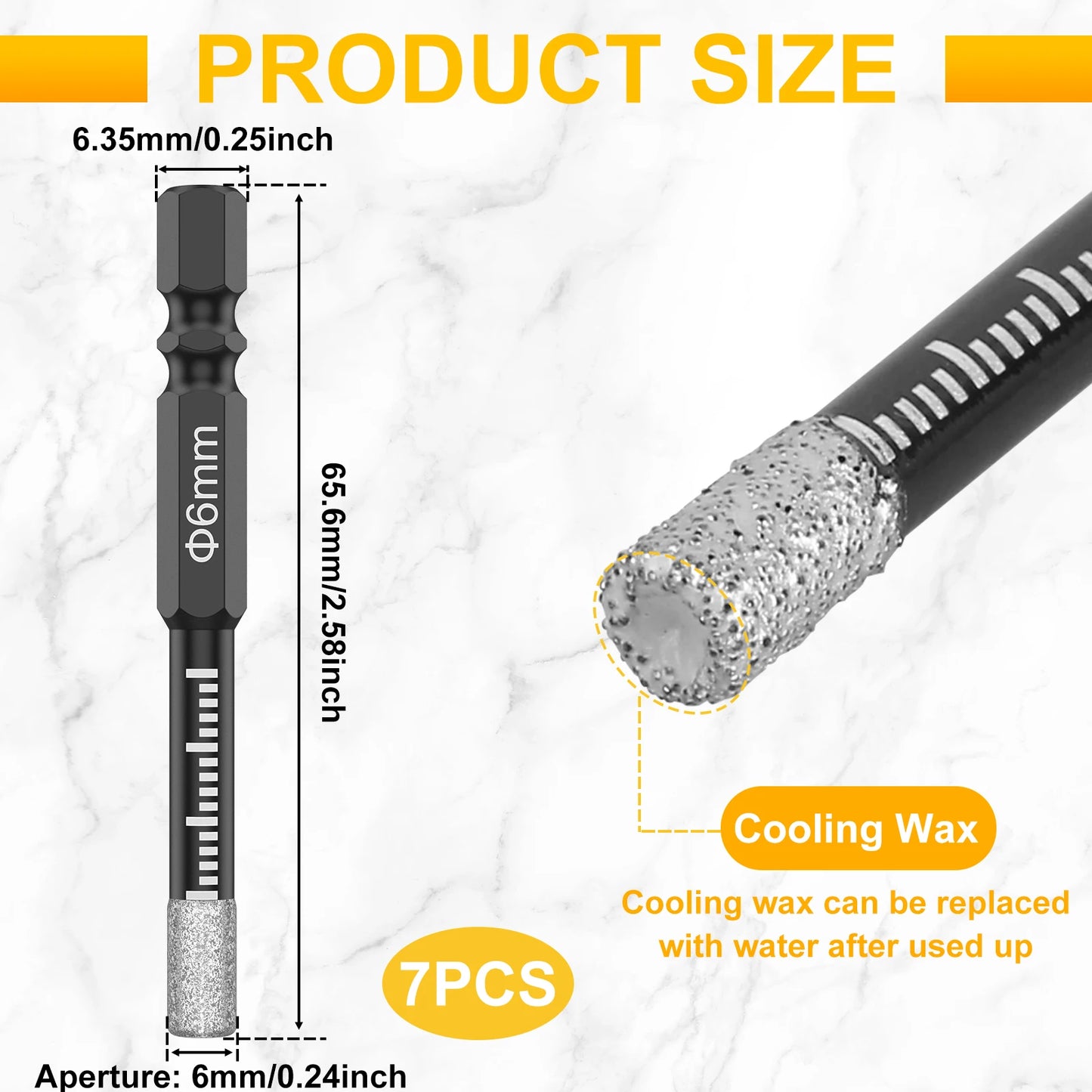 7Pcs 6mm Dry Diamond Drill Bits Set Vacuum Brazed Core Drill Bit Kit Quick Change Hex Shank for Porcelain Granite Tile Marble