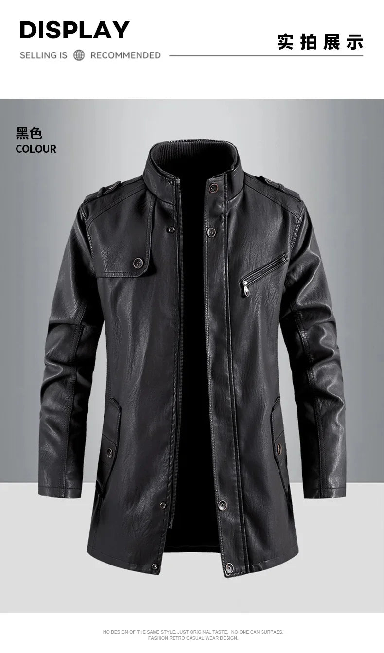 Men's Leather Jacket Autumn and Winter Windproof Standing Collar Motorcycle Tactical Warm Coat Casual Fashion Waterproof Jacket