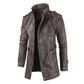Leather Coat Men Stand-up Collar Autumn Winter New Men Mid-Length Casual Fashion Slim Fit Solid Color Leather Jacket