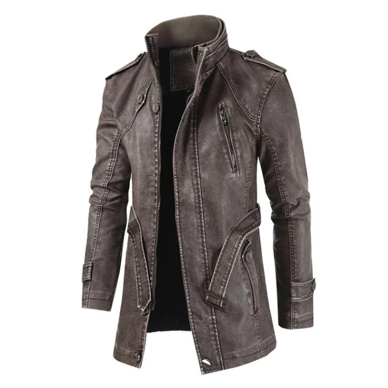 Leather Coat Men Stand-up Collar Autumn Winter New Men Mid-Length Casual Fashion Slim Fit Solid Color Leather Jacket