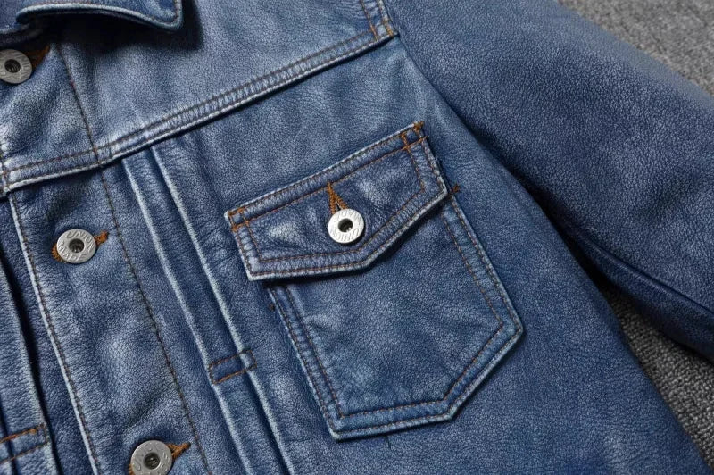 2023 New Leather Jacket Men's Single-Breasted Denim Blue Retro Old Motorcycle Leather Jacket Slim-Fit Lapel Coat