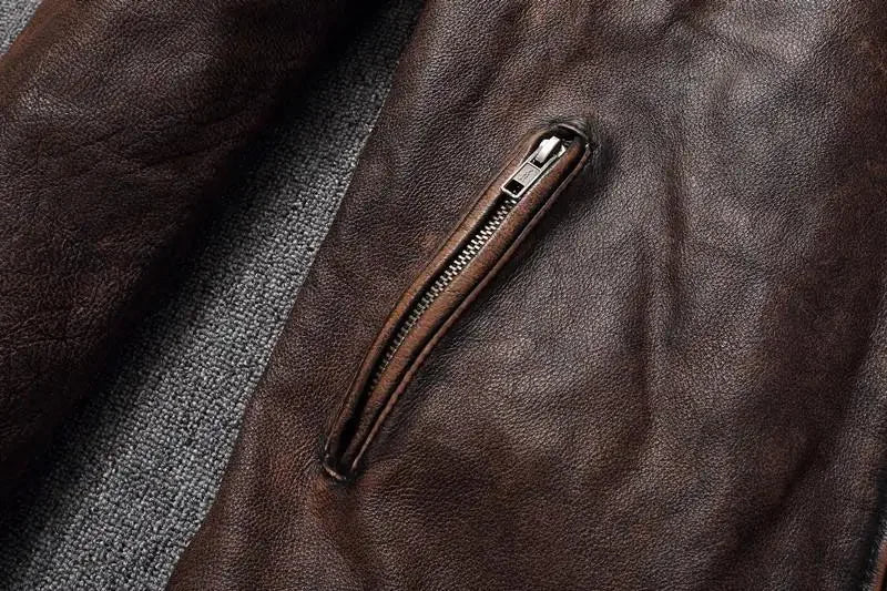 Vintage Black Brown Real Cowhide Genuine Leather Jacket Real Fur Men's Leather Jacket Bomber Men Leather Jacket Motorcycle Coat