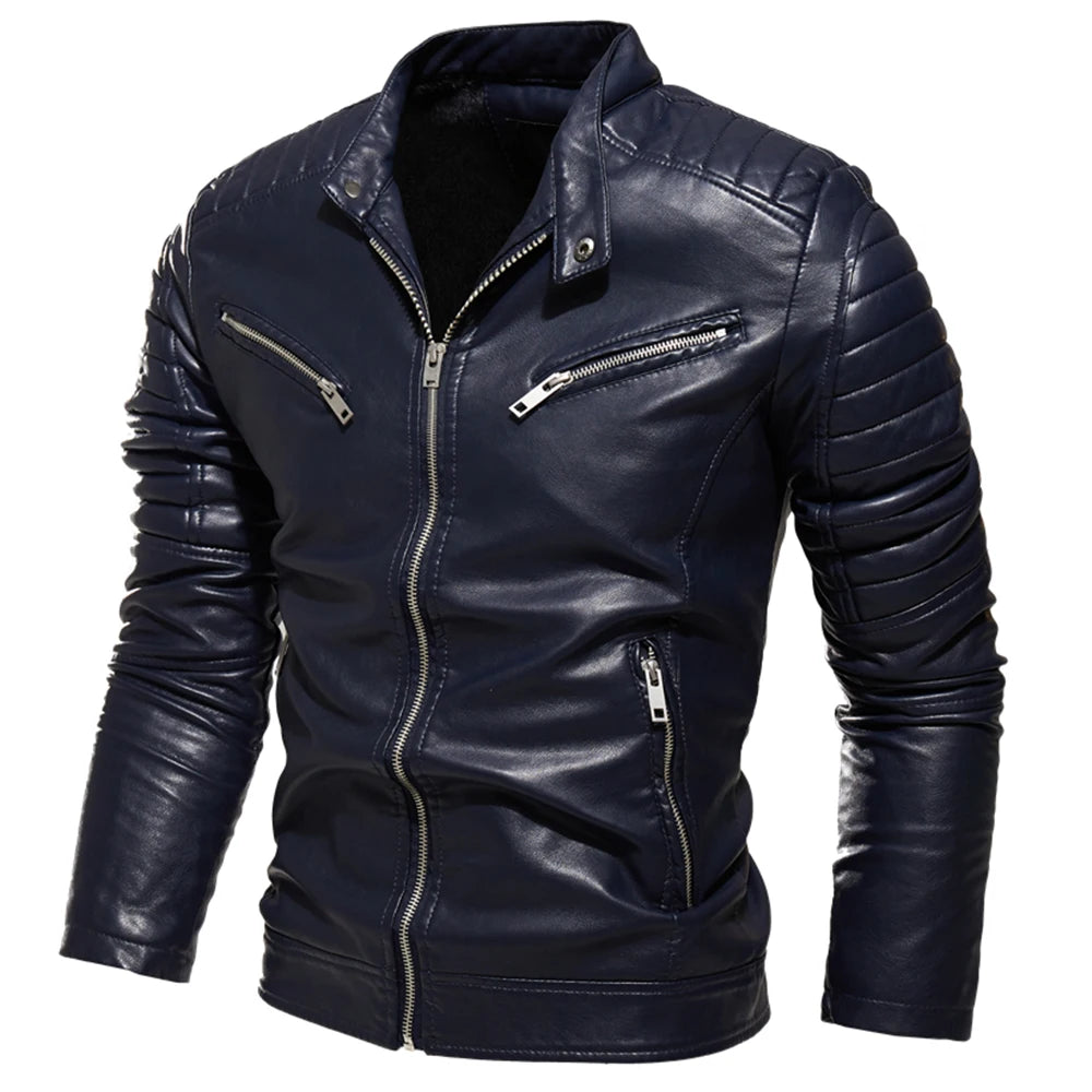 Men Fur Lined Warm Motorcycle Jacket Slim Street Fashion BLack Biker Coat Pleated Design Zipper 2024 Winter Black Leather Jacket