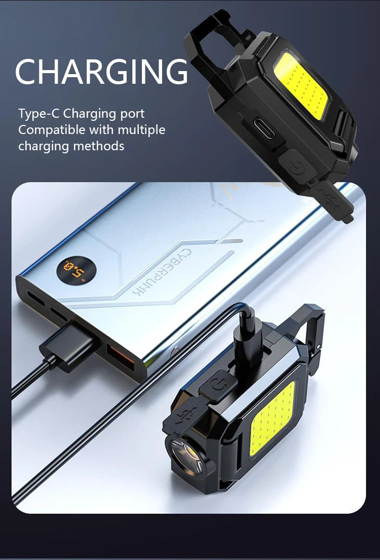 XPE Pocket Work Light 1000LM COB LED Mini Keychain Light USB Rechargeable Flashlight IPX4 Waterproof for Outdoor Camping Hiking