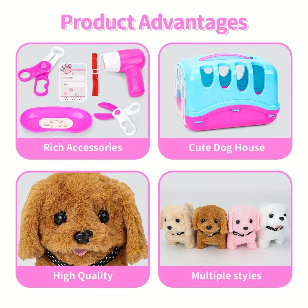 Pet Puppy Care Accessories with Dog  House -Simulated Brador Dog Call Plush Toy - Children Interactive Vet Clinic Doctor - Role