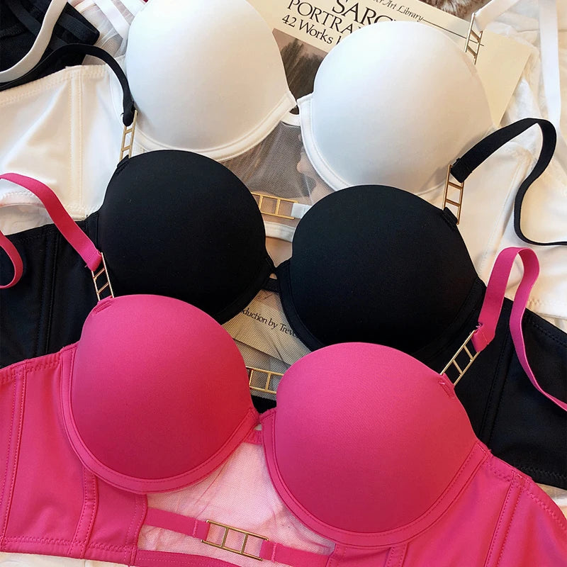 Europe Women Underwear Set Sexy Lace Hollow Breathable Widen Buckle Lingerie Underwire Push Up Bra and Panties Rose Intimates