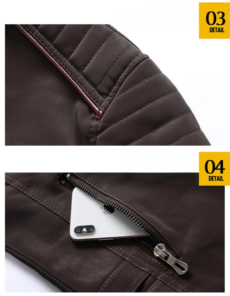 2024 New Men's Leather Washed Leather Jacket Motorcycle Plus Fleece Splicing European and American Men's Leather Coat