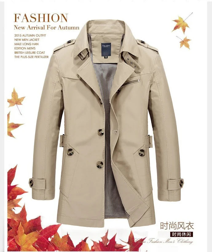 2025 Spring and Autumn men's coat Men's casual cotton Jacket men's mid-length trench coat men's jacket