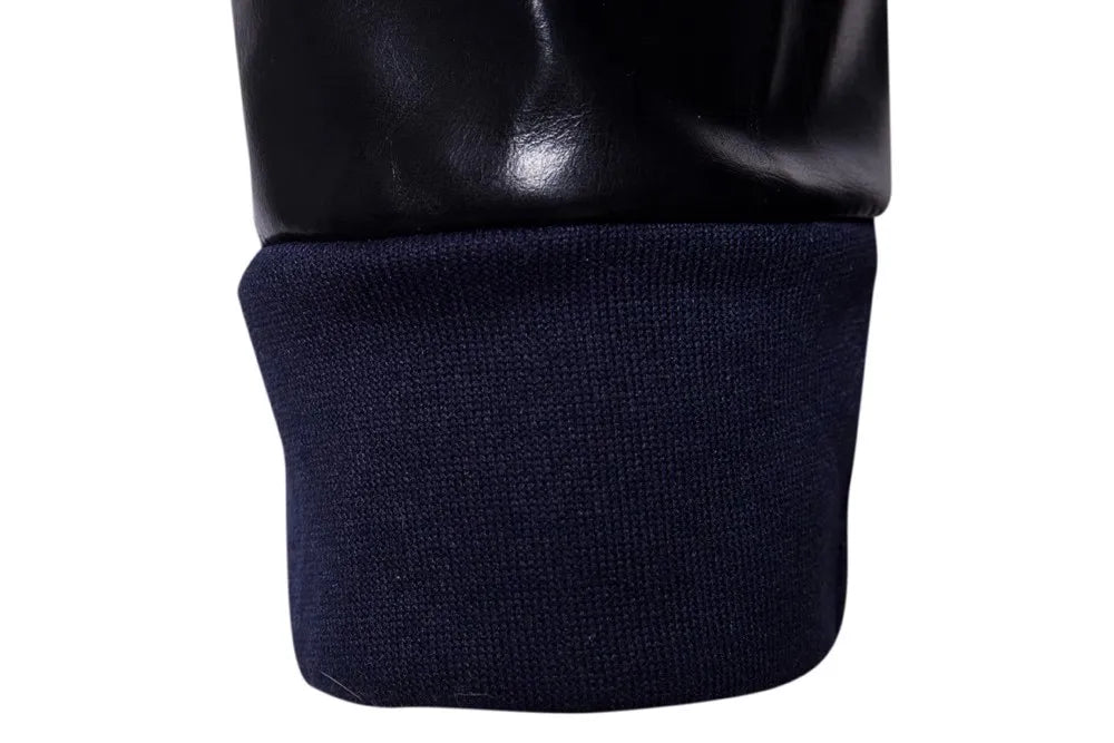 2025 Patchwork Leather Sleeve Fashion Black Tops Men Jacket Coat Spring Autumn Sweatshirt Slim Fit Pullover Tracksuits Masculino