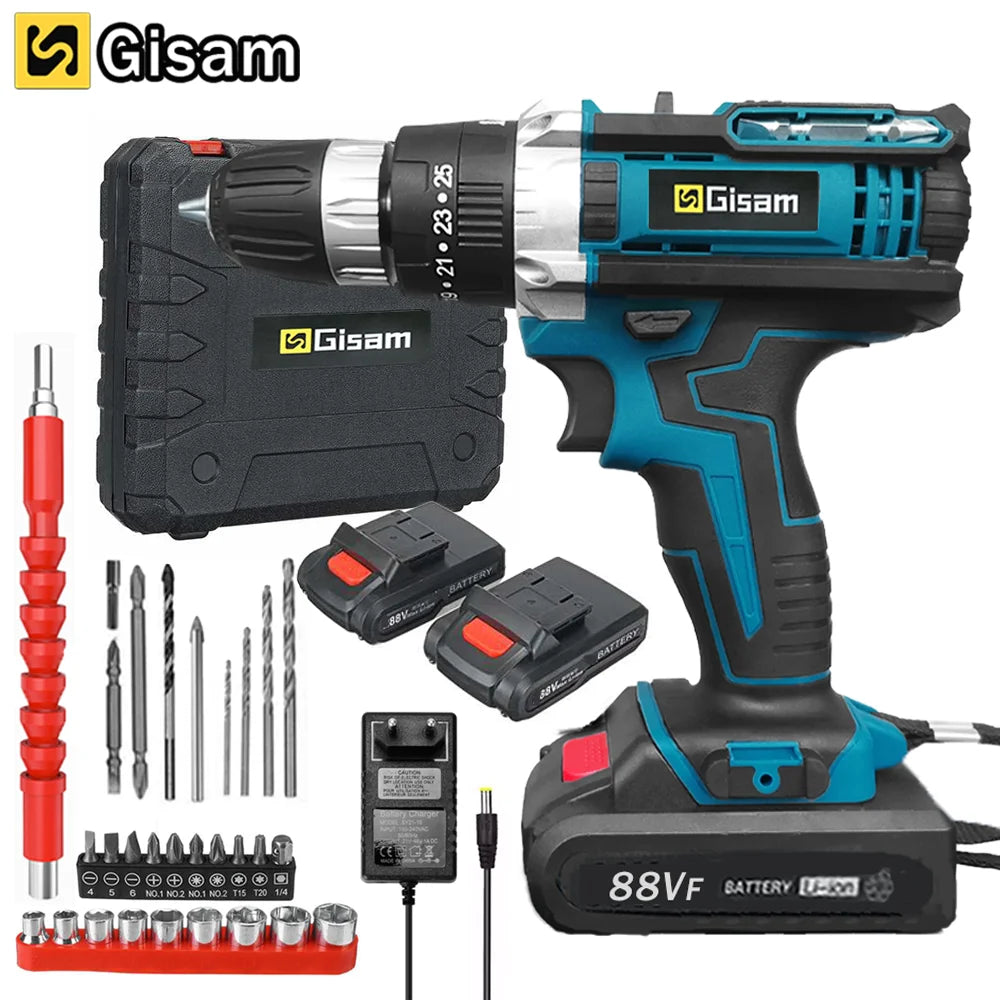 Gisam Battery Impact Screwdriver Multifunctional Cordless Drill Power Tool 25+3 Torque Setting 2 Gear Speed Electric Screwdriver