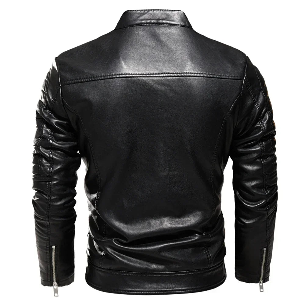 Men Fur Lined Warm Motorcycle Jacket Slim Street Fashion BLack Biker Coat Pleated Design Zipper 2024 Winter Black Leather Jacket