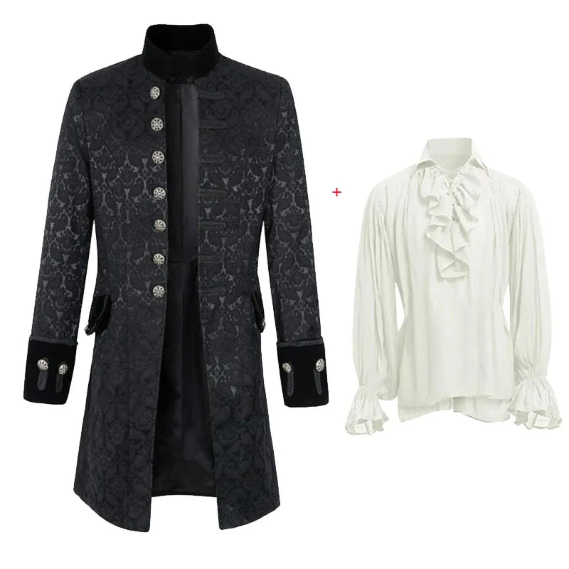 Medieval Vampire Cosplay Costume Steampunk Jacket Vest Coat Victorian Ghost Gothic Blazer Suits Stand Collar Trench Men's Shirt