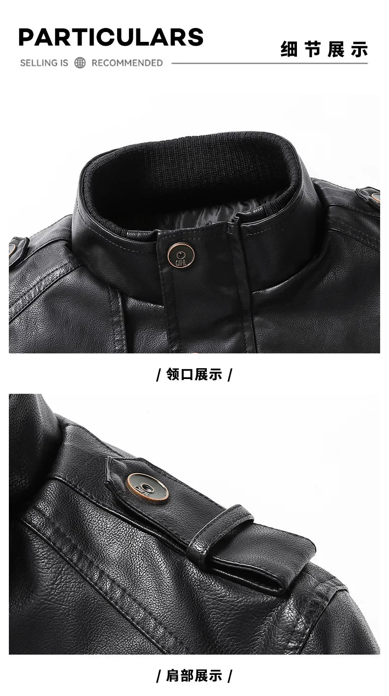 Men's Leather Jacket Autumn and Winter Windproof Standing Collar Motorcycle Tactical Warm Coat Casual Fashion Waterproof Jacket