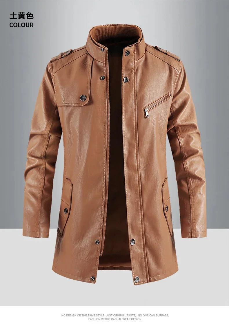 Men's Leather Jacket Autumn and Winter Windproof Standing Collar Motorcycle Tactical Warm Coat Casual Fashion Waterproof Jacket