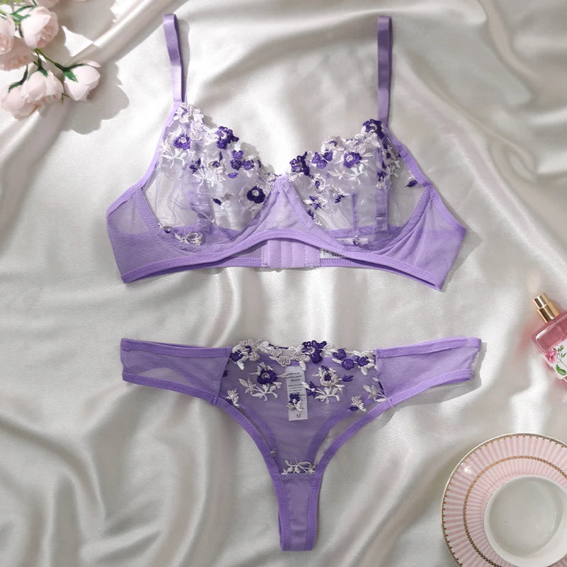 Sexy Underwear For Women Transparent Embroidered Small Flowers Bra Hot Lingerie Panties Intimates Woman Two Piece Set Clothing