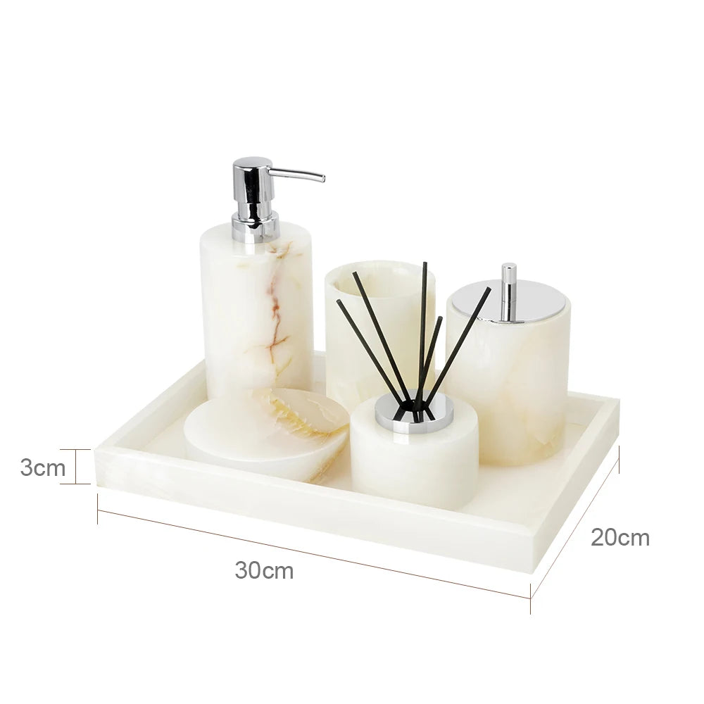 White Onyx Natural Marble Bathroom Accessories Luxury Soap Dispenser Cotton Swabs Container Reed diffuser Tray Bathroom Set
