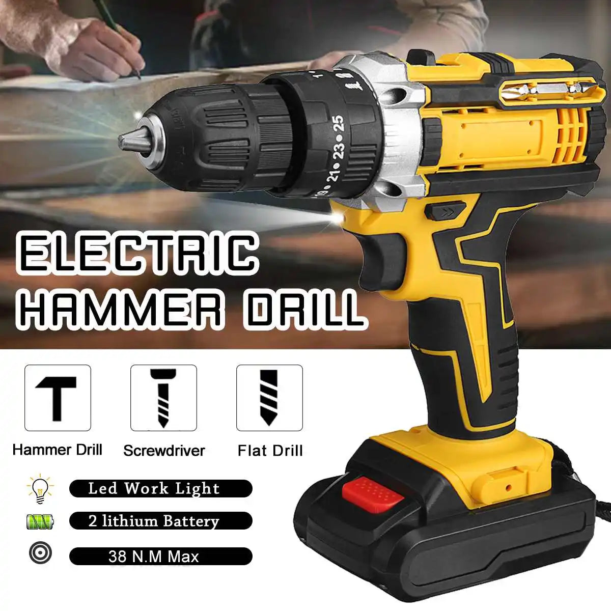 Gisam Battery Impact Screwdriver Multifunctional Cordless Drill Power Tool 25+3 Torque Setting 2 Gear Speed Electric Screwdriver