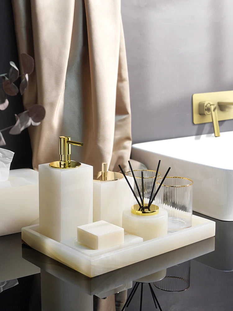 White Onyx Natural Marble Bathroom Accessories Luxury Soap Dispenser Cotton Swabs Container Reed diffuser Tray Bathroom Set