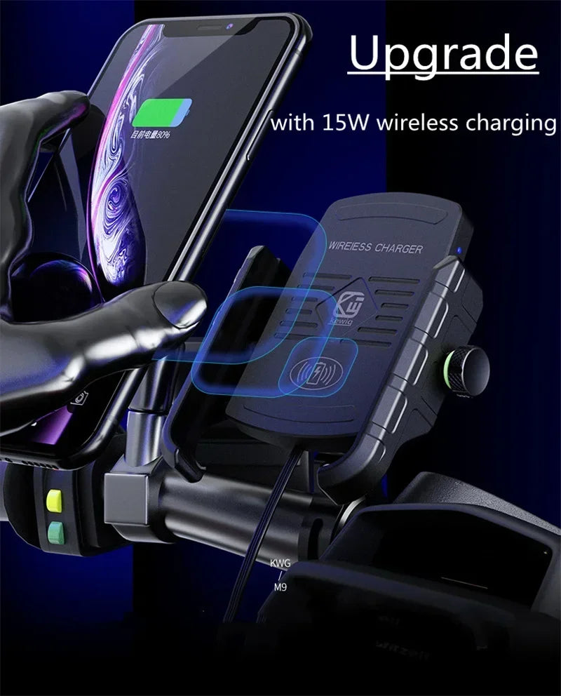Motorcycle Phone Holder Moto Motorbike Mirror Mobile Handlebar Stand Support USB Charger Fast Wireless Charging Cellphone Mount
