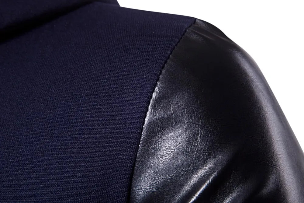 2025 Patchwork Leather Sleeve Fashion Black Tops Men Jacket Coat Spring Autumn Sweatshirt Slim Fit Pullover Tracksuits Masculino