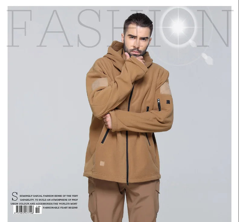 Fleece Hooded Camouflage Jacket Men Women Multi-Pockets Coat Outdoor Trekking Hiking Climbing Camping Tooling Clothes S-4XL