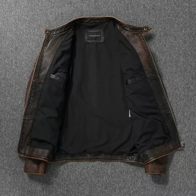 Vintage Black Brown Real Cowhide Genuine Leather Jacket Real Fur Men's Leather Jacket Bomber Men Leather Jacket Motorcycle Coat