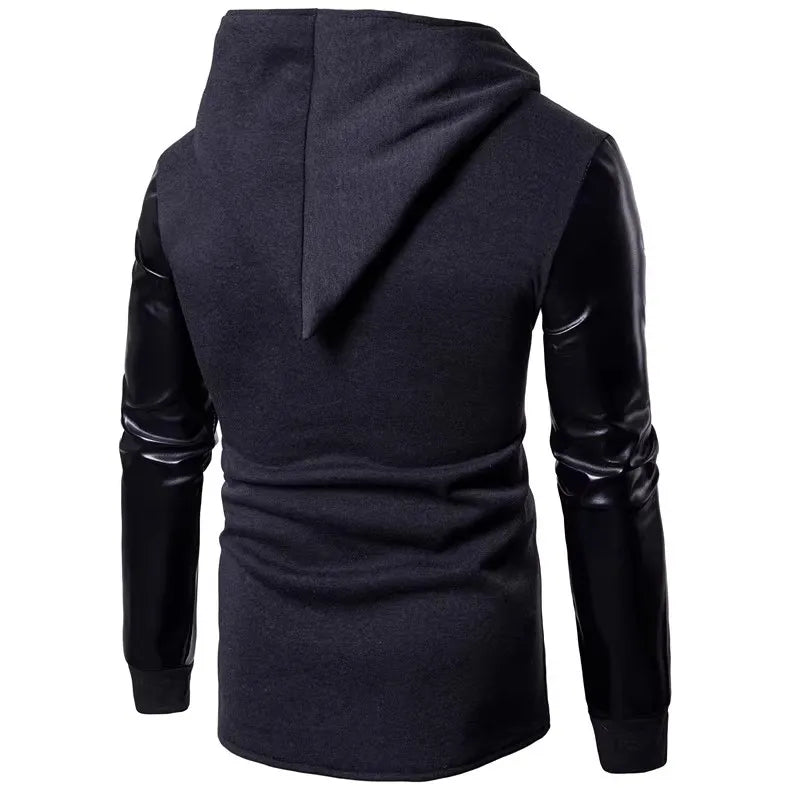 2025 Patchwork Leather Sleeve Fashion Black Tops Men Jacket Coat Spring Autumn Sweatshirt Slim Fit Pullover Tracksuits Masculino