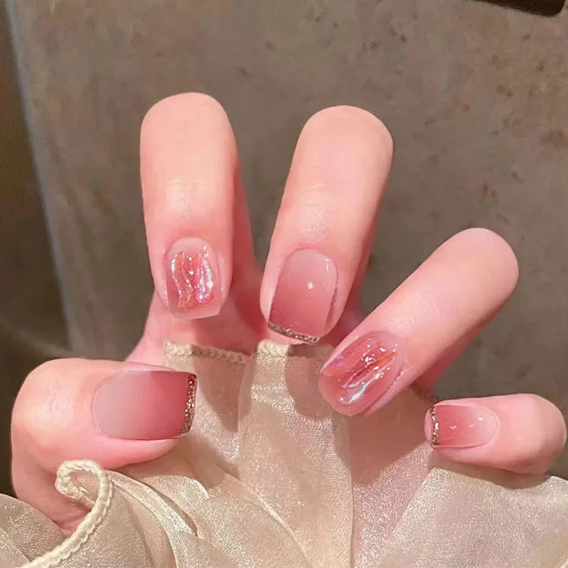 24Pcs Mid-length Ballet False Nails Cute Childlike Rainbow Press On Nails Iced Through Milk Tea Fake Nails Free Shipping Items