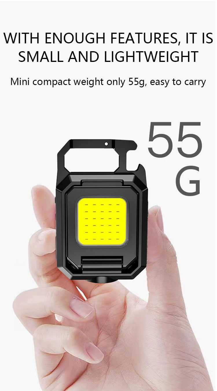 XPE Pocket Work Light 1000LM COB LED Mini Keychain Light USB Rechargeable Flashlight IPX4 Waterproof for Outdoor Camping Hiking