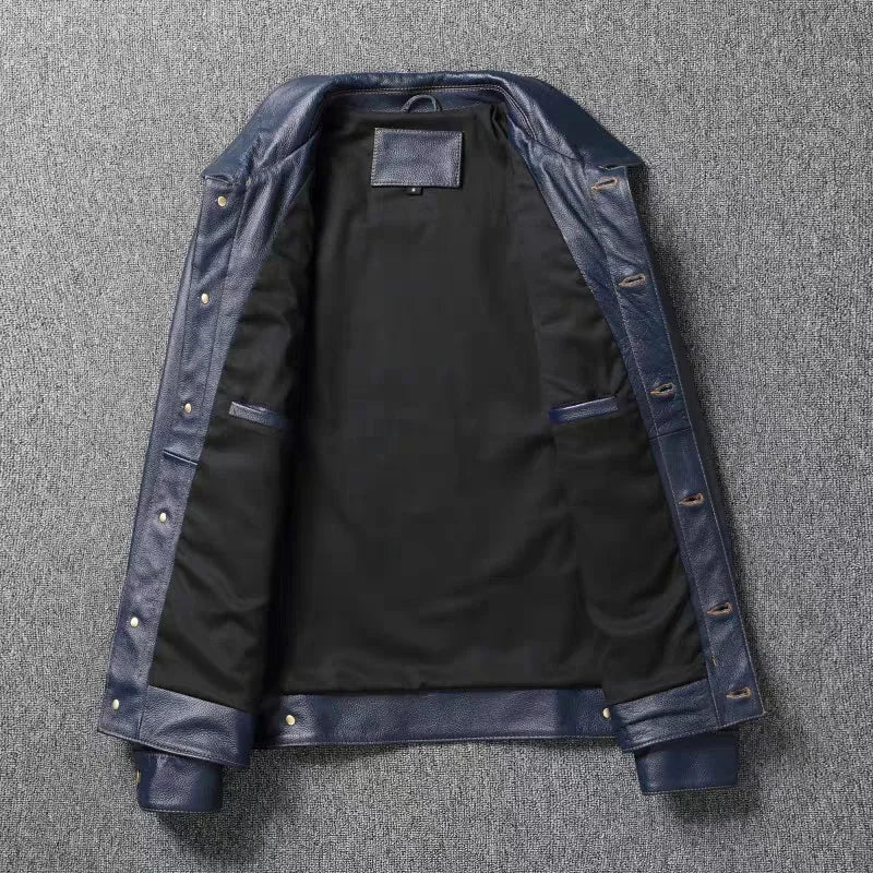 2023 New Leather Jacket Men's Single-Breasted Denim Blue Retro Old Motorcycle Leather Jacket Slim-Fit Lapel Coat