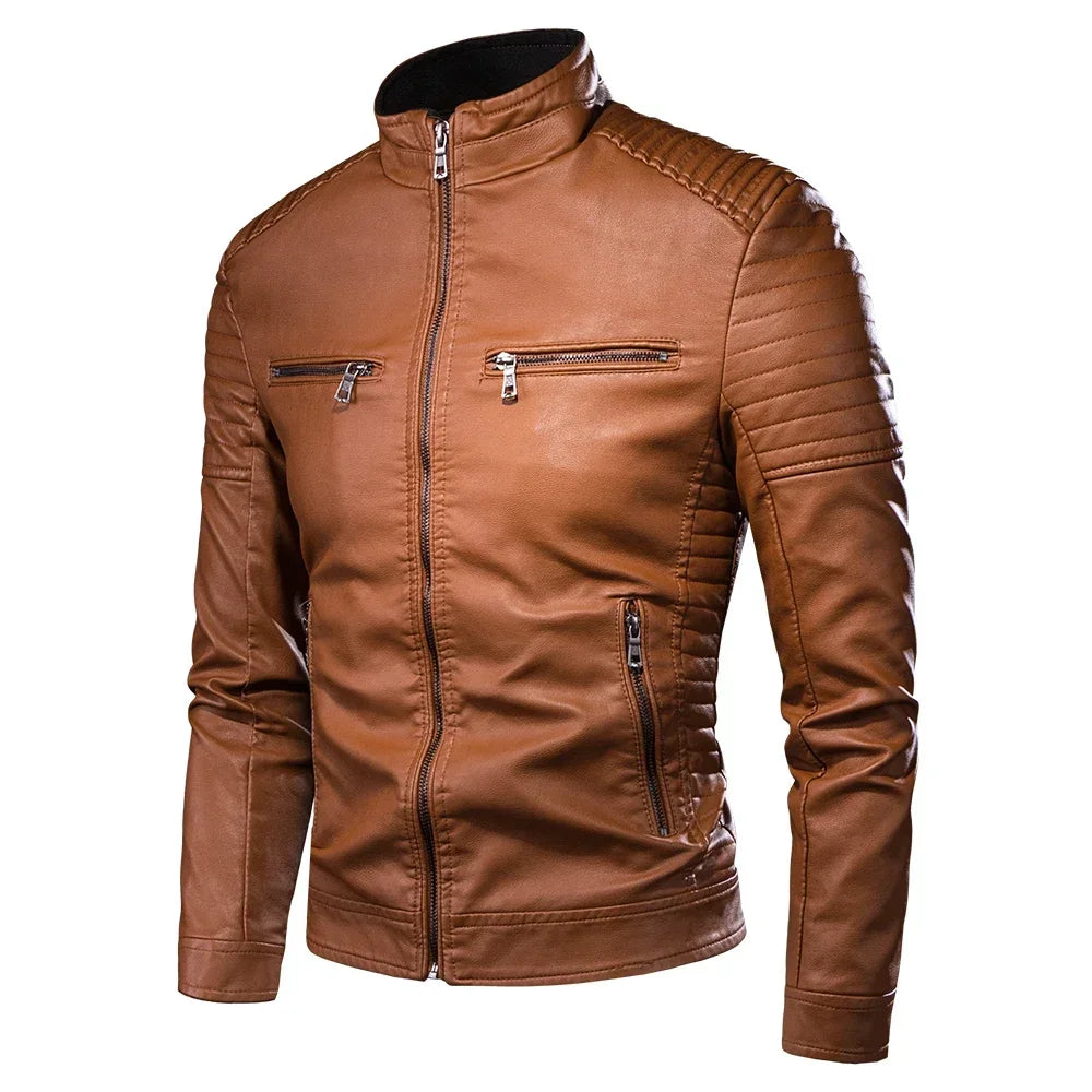 Mens Causal Vintage Leather Jacket Coat Men Thin Spring Autumn Design Motor Biker Pocket PU Leather Jacket Male Motocycle 4XL