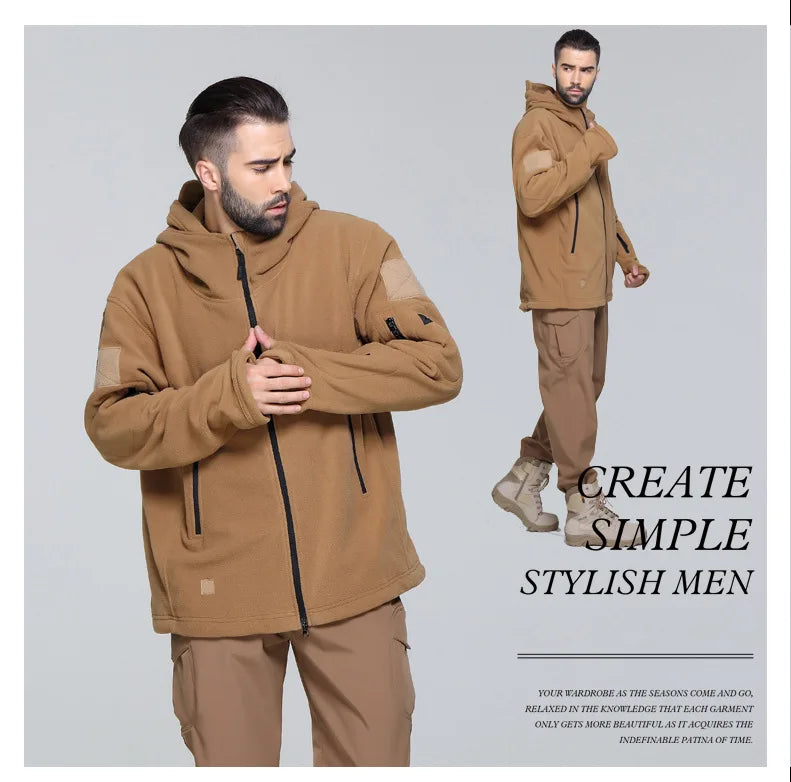 Fleece Hooded Camouflage Jacket Men Women Multi-Pockets Coat Outdoor Trekking Hiking Climbing Camping Tooling Clothes S-4XL