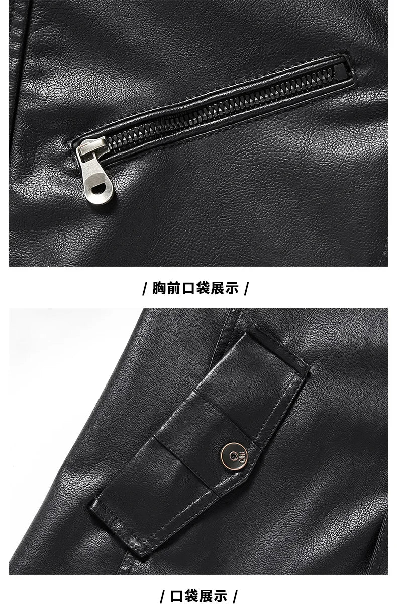 Men's Leather Jacket Autumn and Winter Windproof Standing Collar Motorcycle Tactical Warm Coat Casual Fashion Waterproof Jacket