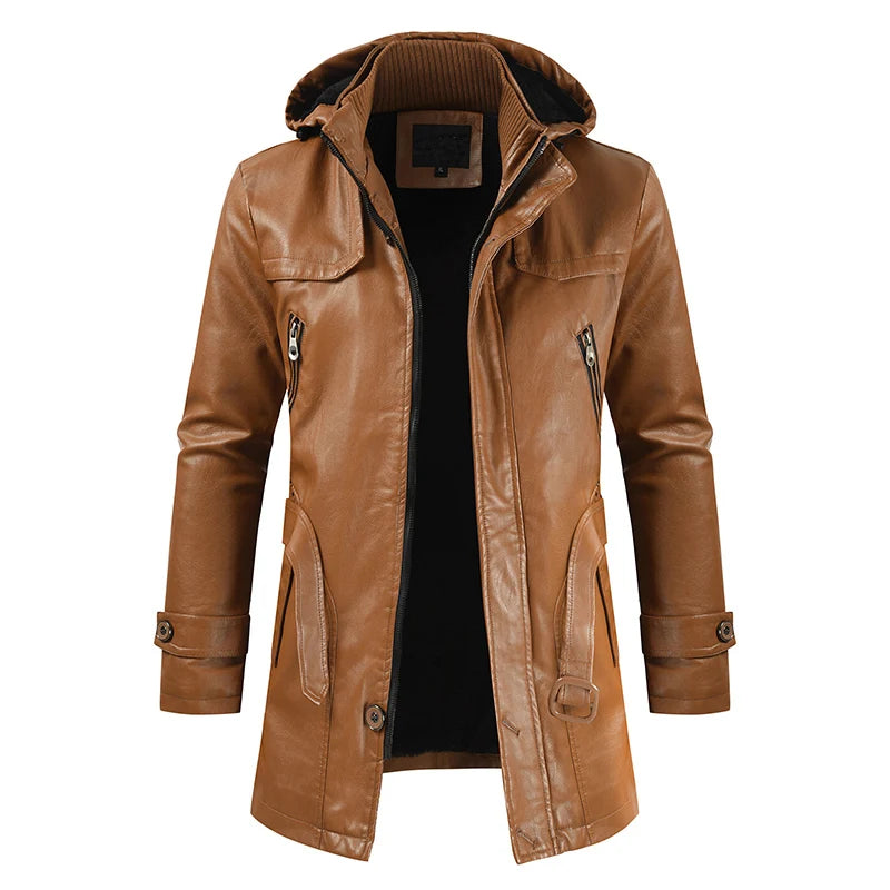 2024 Winter Men's Leather Motorcycle Leather Korean Fashion Jacket Coat Windproof Clothes Men's Hooded Medium Long