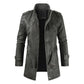 Leather Coat Men Stand-up Collar Autumn Winter New Men Mid-Length Casual Fashion Slim Fit Solid Color Leather Jacket