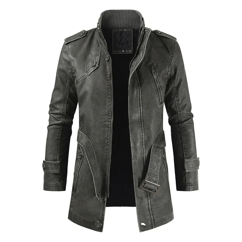 Leather Coat Men Stand-up Collar Autumn Winter New Men Mid-Length Casual Fashion Slim Fit Solid Color Leather Jacket