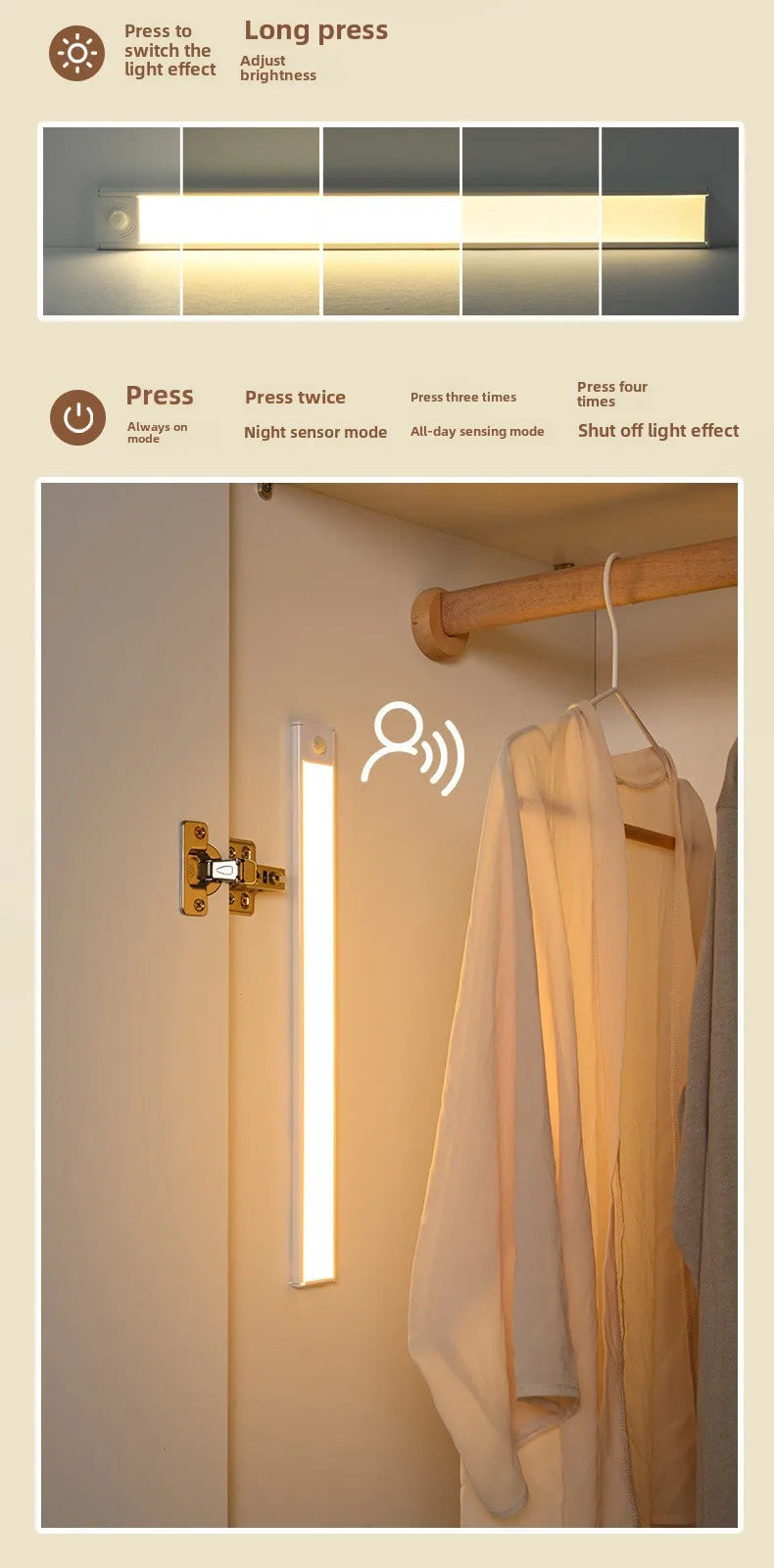 Led charging human body sensor light bar wardrobe cabinet Bedroom dormitory sleeping magnetic long strip night light