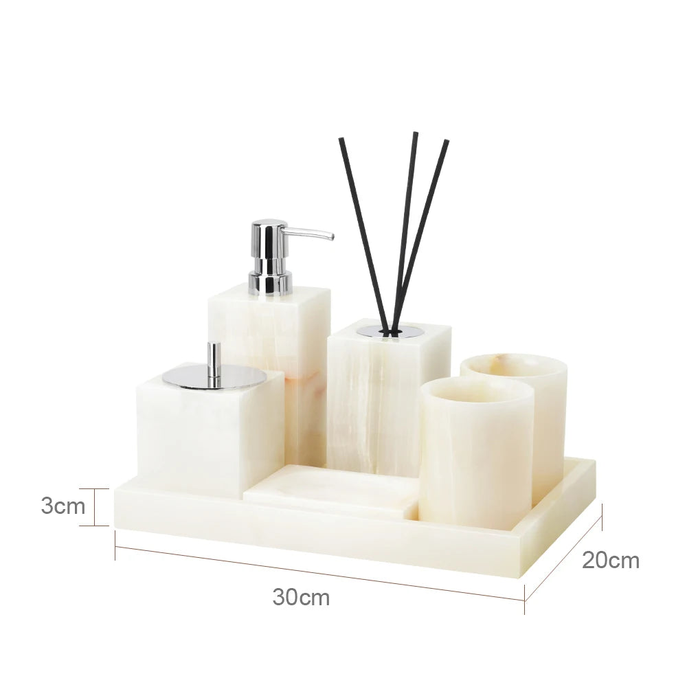 White Onyx Natural Marble Bathroom Accessories Luxury Soap Dispenser Cotton Swabs Container Reed diffuser Tray Bathroom Set