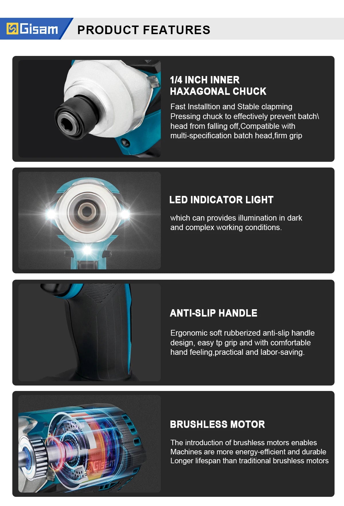 588N.m Cordless Brushless Impact Driver Kit Cordless Drill Electric Screwdriver 4-Speed 1/4‘’ 3 LED Light for Makita 18V Battery